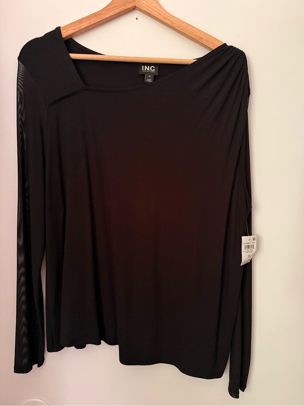 INC International Concepts Black Long-Sleeve Draped Shoulder Top